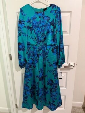Maison Tara Teal and Blue Floral Long Sleeve Midi Dress